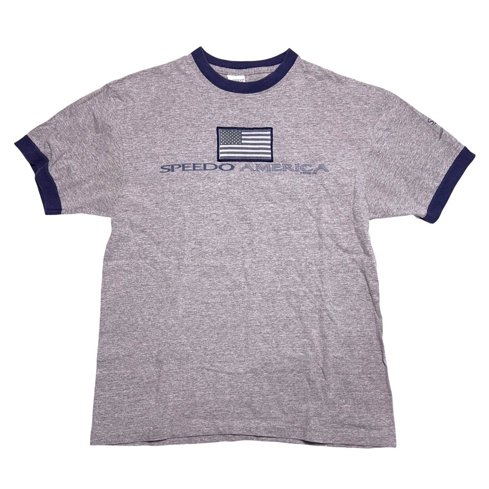 Vintage‎ 90s Speedo Ringer T-Shirt Mens Large Gray American Flag USA Made